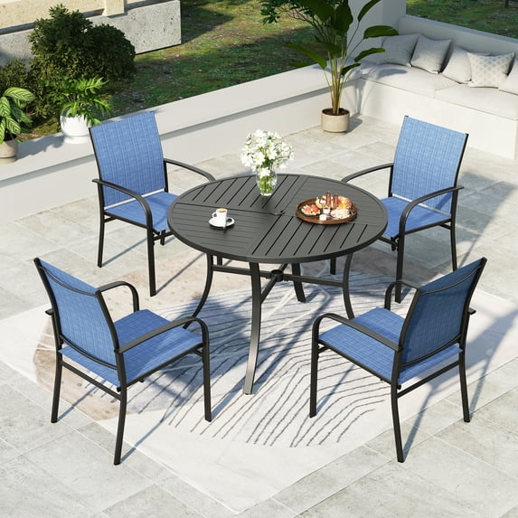 Summit Living 5-Piece Outdoor Patio Dining Set with Metal Steel Round Table & Textilene Chairs for 4-Person, Black & Blue