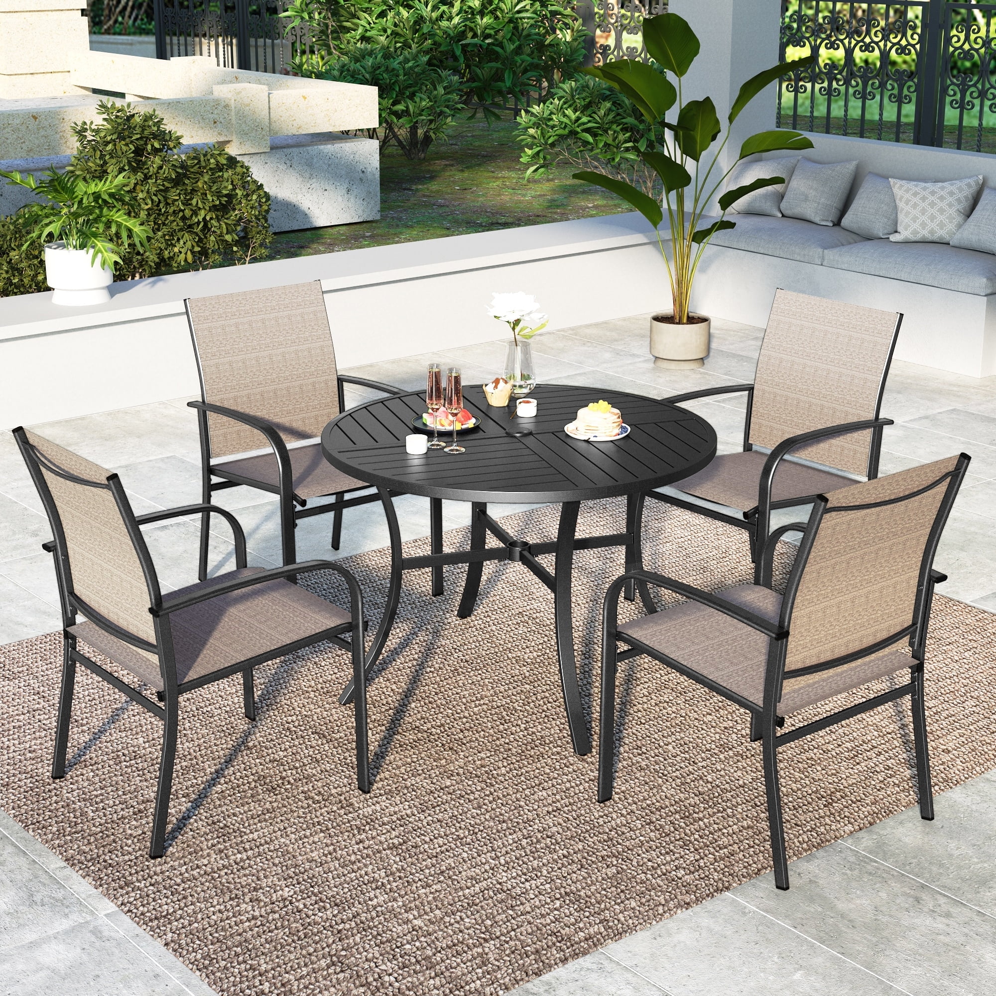 Mainstays Sand Dune Outdoor Patio Dining Set Metal Sling 7 Piece Tan Walmart