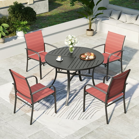 Summit Living 5-Piece Outdoor Patio Dining Set with Metal Steel Round Table & Textilene Chairs for 4-Person, Black & Red
