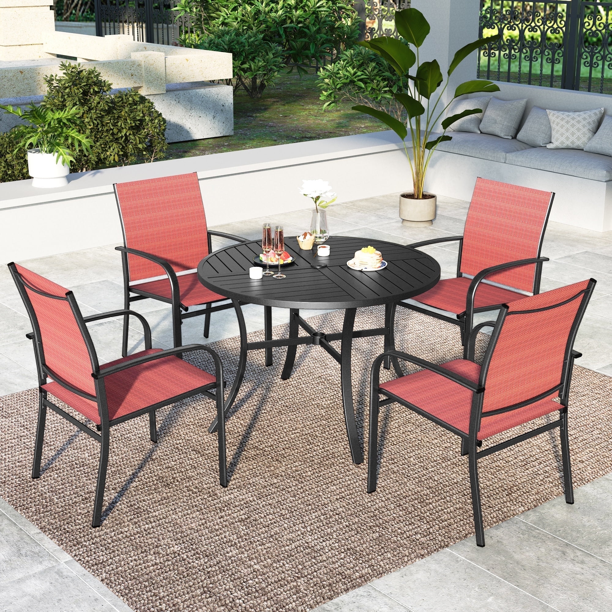 Red and Black 4-Person Round Patio Dining Set with Faux Wood Table