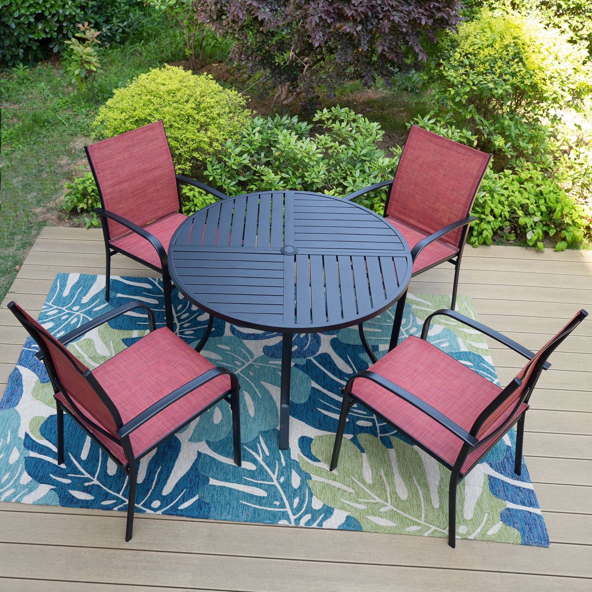 Red and Black 4-Person Round Patio Dining Set with Faux Wood Table