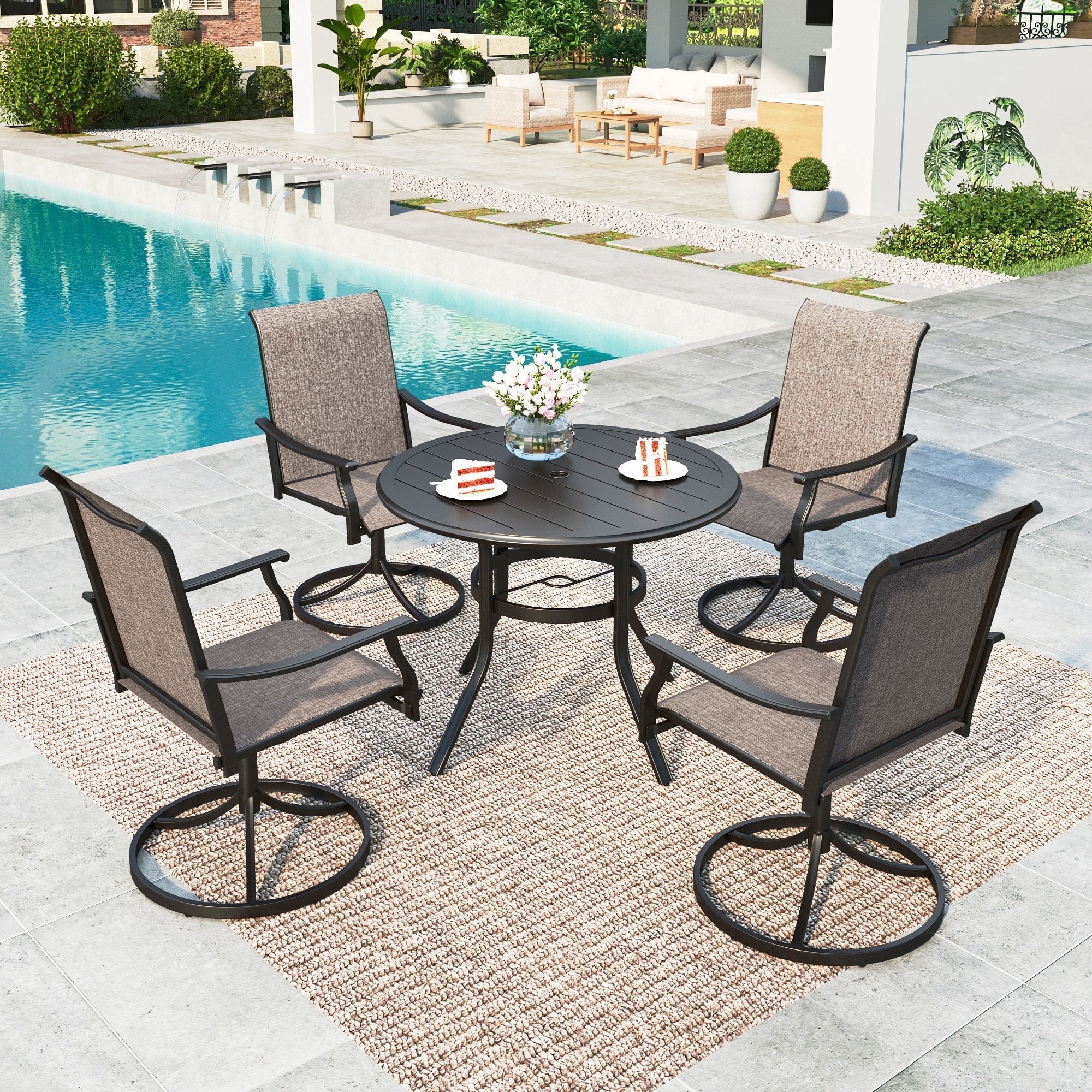 SUMMIT LIVING 5-Piece Outdoor Patio Dining Set with Swivel Chairs and 38" Steel Round Table with Umbrella Hole, Black & Grayish-brown