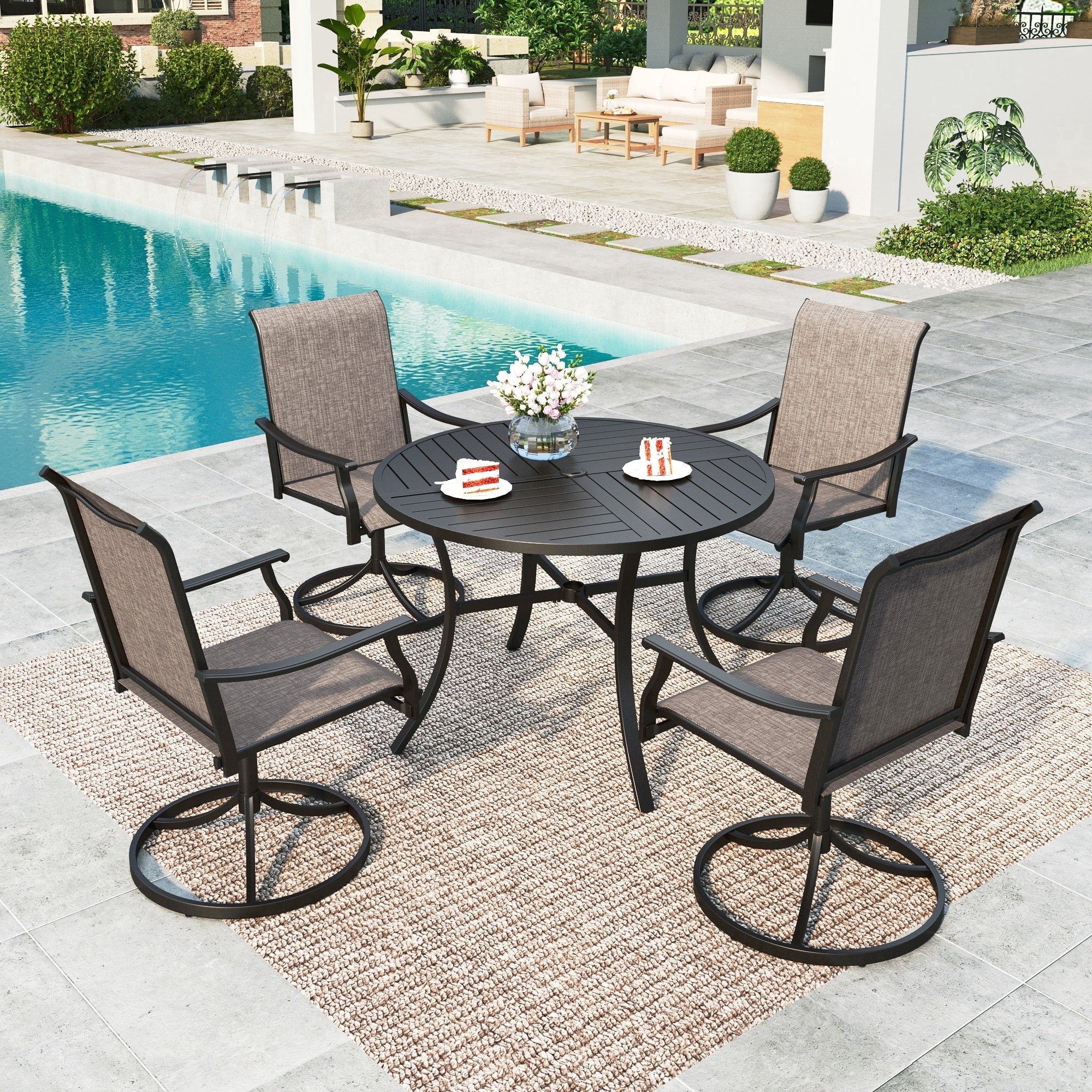SUMMIT LIVING 5-Piece Outdoor Patio Dining Set with Swivel Chairs and 42" Steel Round Table with Umbrella Hole, Black & Grayish-brown