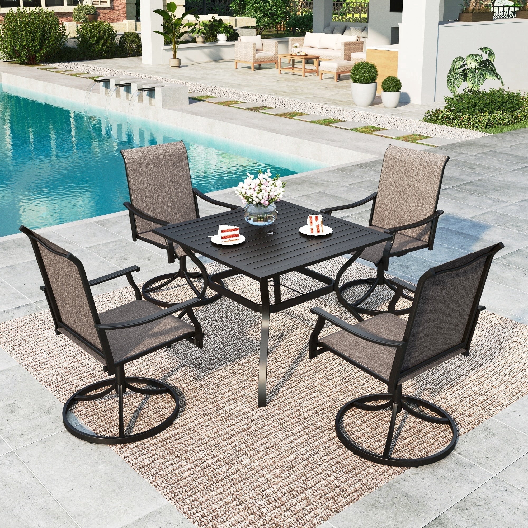 SUMMIT LIVING 5-Piece Outdoor Patio Dining Set, Square Patio Table and Swivel Textilene Chairs, Patio Sets for 4 People, Black & Grayish-brown