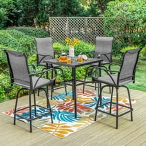 Summit Living 5-Piece Outdoor Patio Swivel Bar Stool Dining Set with 4 High Back Textilene Chairs with Armrest&1 Metal Bistro Bar Table,Black&Grey