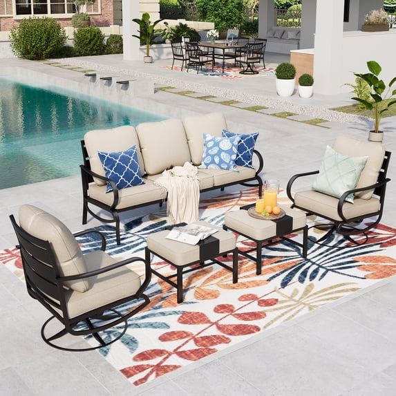 Summit Living 5 Piece Patio Conversation Set for 7 Person, Steel Sofa Chairs Outdoor Furniture Set, Beige Cushion
