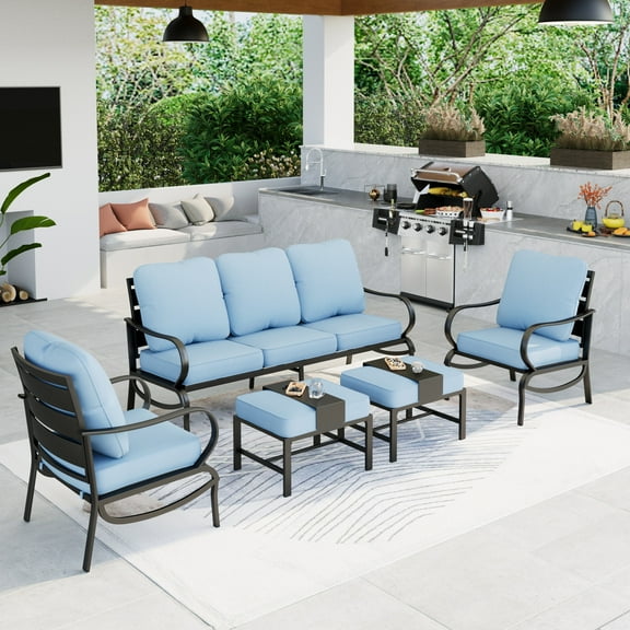 Summit Living 5 Piece Patio Conversation Set for 7 Person, Steel Sofa Outdoor Furniture Set, Blue Cushion