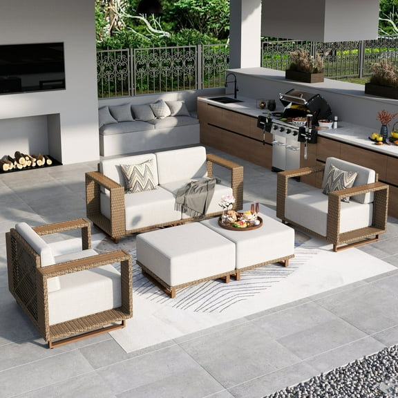 MF Studio 5-Piece Patio Furniture Set, Wicker Outdoor Conversation Set with 2 Ottomans & Thick Cushions, Beige