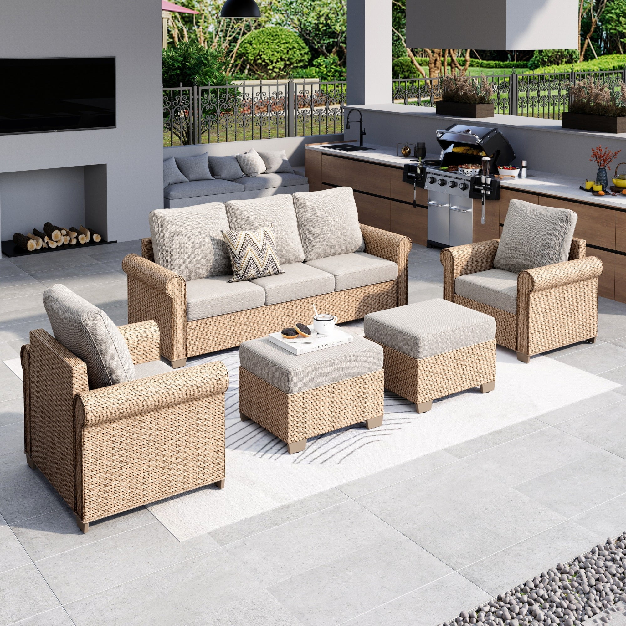 MF Studio 5-Piece Wicker Outdoor Conversation Set, 7-Seat Rattan Outdoor Furniture Set, Patio Furniture Set with 2 Ottomans, Beige