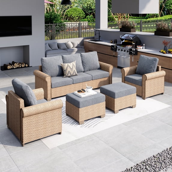 MF Studio 5-Piece Wicker Outdoor Conversation Set, 7-Seat Rattan Outdoor Furniture Set, Patio Furniture Set with 2 Ottomans, Gray