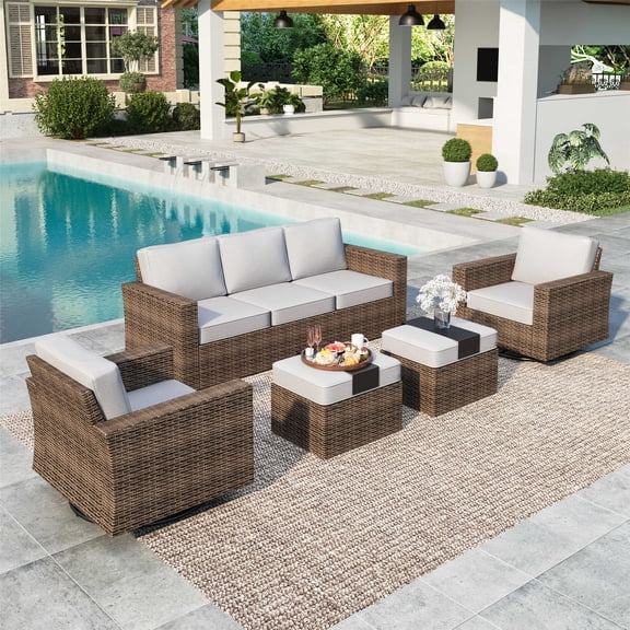 Summit Living 5 Pieces Patio Conversation Set Wicker Outdoor Furniture Sectional Sofa Set Beige
