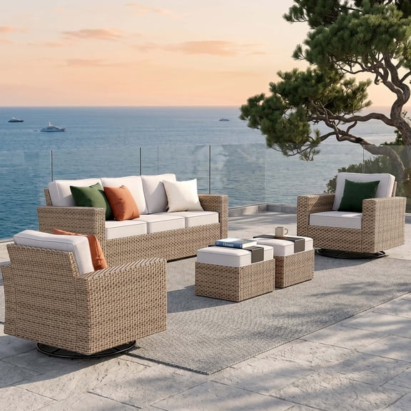 MF Studio 5 Pieces Patio Conversation Set Wicker Outdoor Furniture Sectional Sofa Set Beige