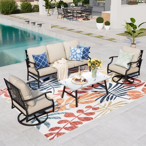 Summit Living 5-Seat Outdoor Conversation Set, Patio Furniture Metal Sectional Sofa with Beige Cushion