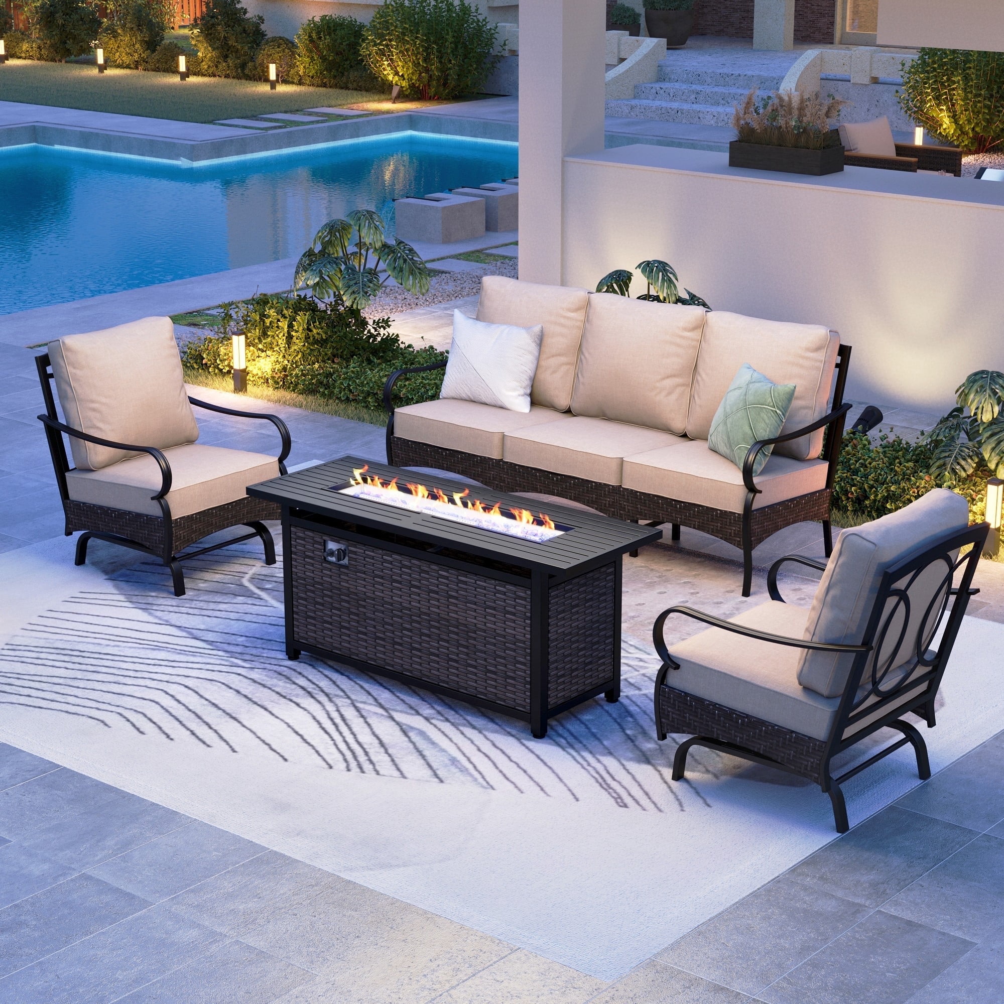 SUMMIT LIVING 5-Seat Outdoor Patio Furniture Set with 57" Fire Pit Table, 4-Piece Outdoor Patio Conversation Set with Rocking Chairs, Beige