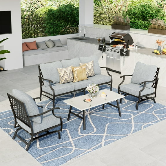 Summit Living 5 Seat Patio Conversation Set Metal Outdoor Furniture with Rocking Chair Sofa Gray