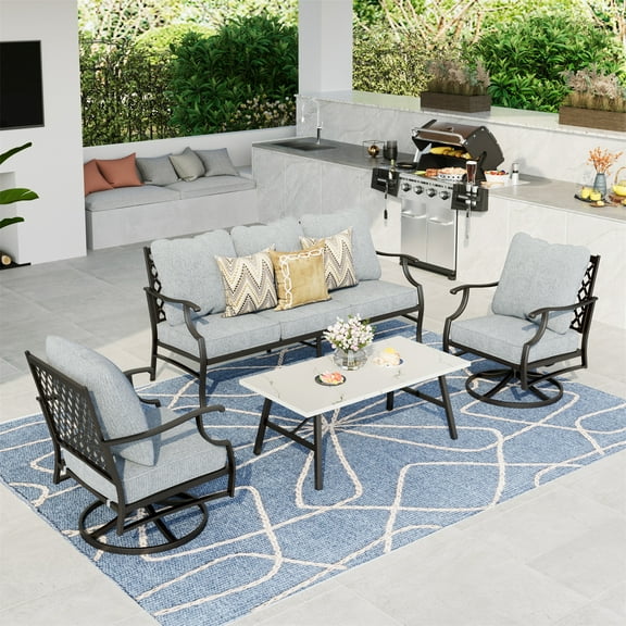 Summit Living 5 Seat Patio Conversation Set Metal Outdoor Furniture with Swivel Chair Sofa Gray