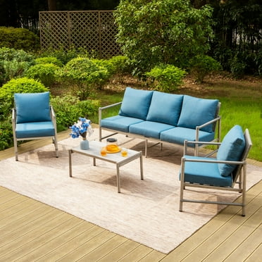 Summit Living 5-Seat Outdoor Patio Furniture Set with Wicker High Back Sofa, Wood-Grain Outdoor Conversation Set  for 5, Blue