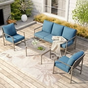MF Studio 5-Seat Outdoor Patio Furniture Set with Wicker High Back Sofa, Wood-Grain Outdoor Conversation Set for 5, Blue