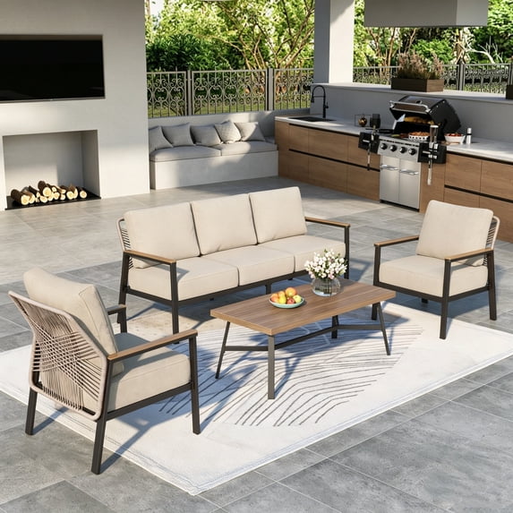 MF Studio Wicker Outdoor Patio Furniture Set, 5-Seat Patio Conversation Set with Coffee Table, PE Rattan Outdoor Sofa Set, Beige