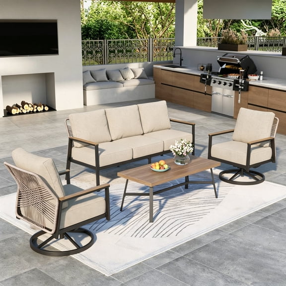SUMMIT LIVING Wicker Outdoor Patio Furniture Set, 5-Seat Patio Conversation Set with Swivel Chairs, PE Rattan Outdoor Sofa Set, Beige