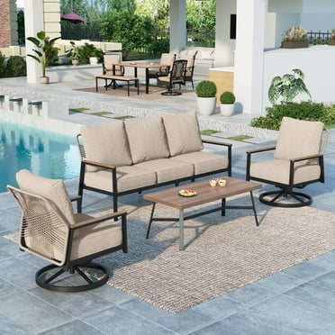 Summit Living 5-Seat Patio Conversation Set with Swivel Chairs, Rattan Rope Woven Outdoor Sofa Set, Beige