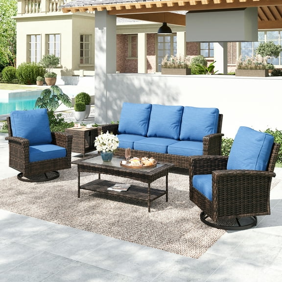 Summit Living 5-Seat Wicker Patio Furniture Set with 2 Swivel Chairs & 3-Seat Sofa with 2 pieces Coffee Table, Outdoor Rattan Sectional Conversation Set, Navy Blue
