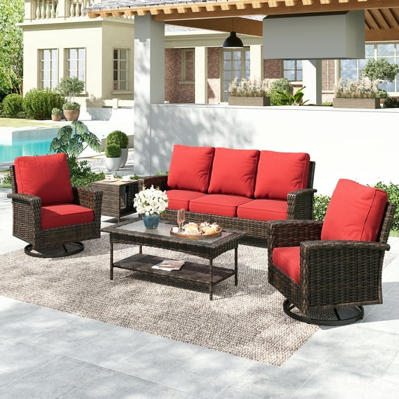 Summit Living 5-Seat Wicker Patio Furniture Set with 2 Swivel Chairs & 3-Seat Sofa with 2 pieces Coffee Table, Outdoor Rattan Sectional Conversation Set, Red