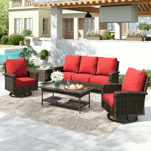Summit Living 5-Seat Wicker Patio Furniture Set with 2 Swivel Chairs & 3-Seat Sofa with 2 pieces Coffee Table, Outdoor Rattan Sectional Conversation Set, Red