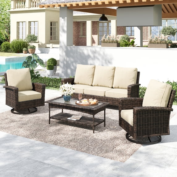 Summit Living 5-Seat Wicker Patio Furniture Set with 2 Swivel Chairs & 3-Seat Sofa with Coffee Table, Outdoor Rattan Sectional Conversation Set, Beige