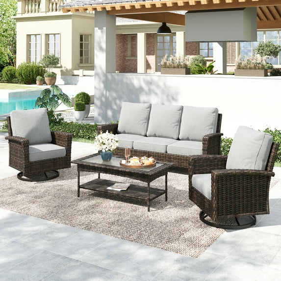 Summit Living 5-Seat Wicker Patio Furniture Set with 2 Swivel Chairs & 3-Seat Sofa with Coffee Table, Outdoor Rattan Sectional Conversation Set, Light Gray