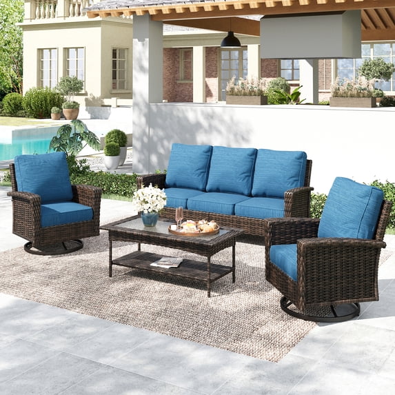 Summit Living 5-Seat Wicker Patio Furniture Set with 2 Swivel Chairs & 3-Seat Sofa with Coffee Table, Outdoor Rattan Sectional Conversation Set, Peacock-Blue
