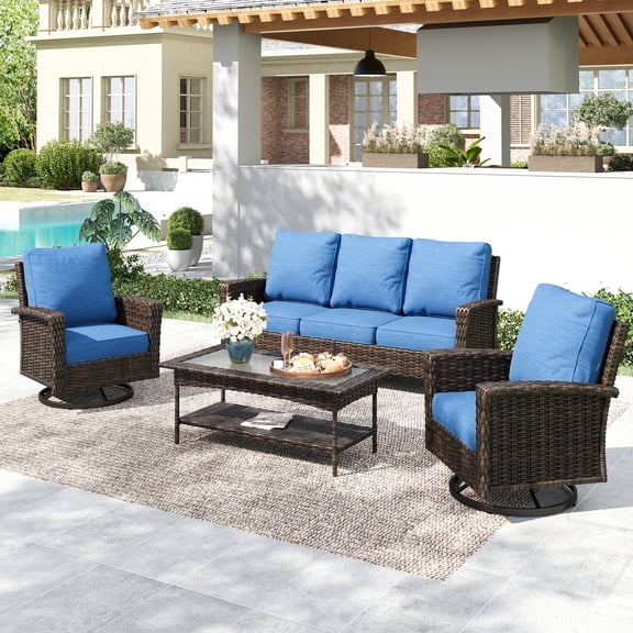SUMMIT LIVING 5-Seat Wicker Patio Furniture Set with 2 Swivel Chairs & 3-Seat Sofa with Coffee Table, Outdoor Rattan Sectional Conversation Set, Blue