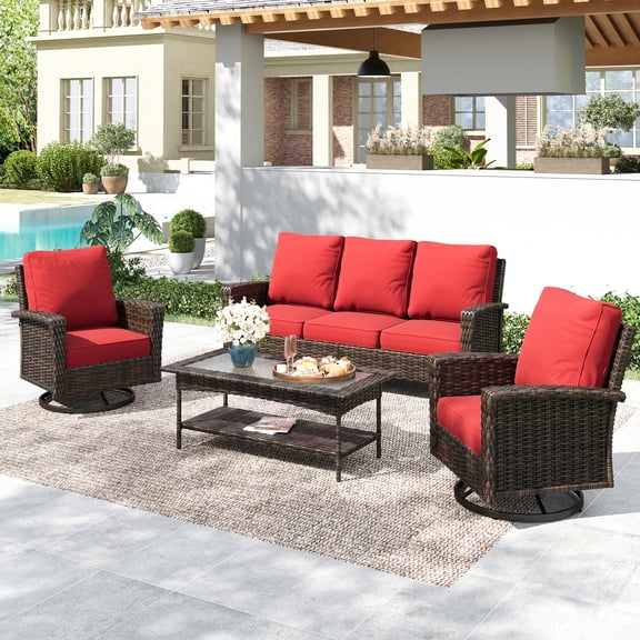 Summit Living 5-Seat Wicker Patio Furniture Set with 2 Swivel Chairs & 3-Seat Sofa with Coffee Table, Outdoor Rattan Sectional Conversation Set, Red