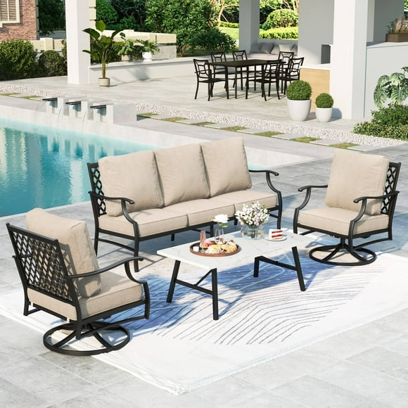 MF Studio 5-Seater Patio Conversation Set Metal Outdoor Furniture Set with Swivel Chairs and Table - Beige