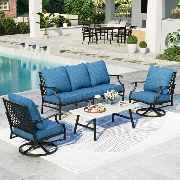 MF Studio 5-Seater Patio Conversation Set Metal Outdoor Furniture Set with Swivel Chairs and Table - Peacock Blue