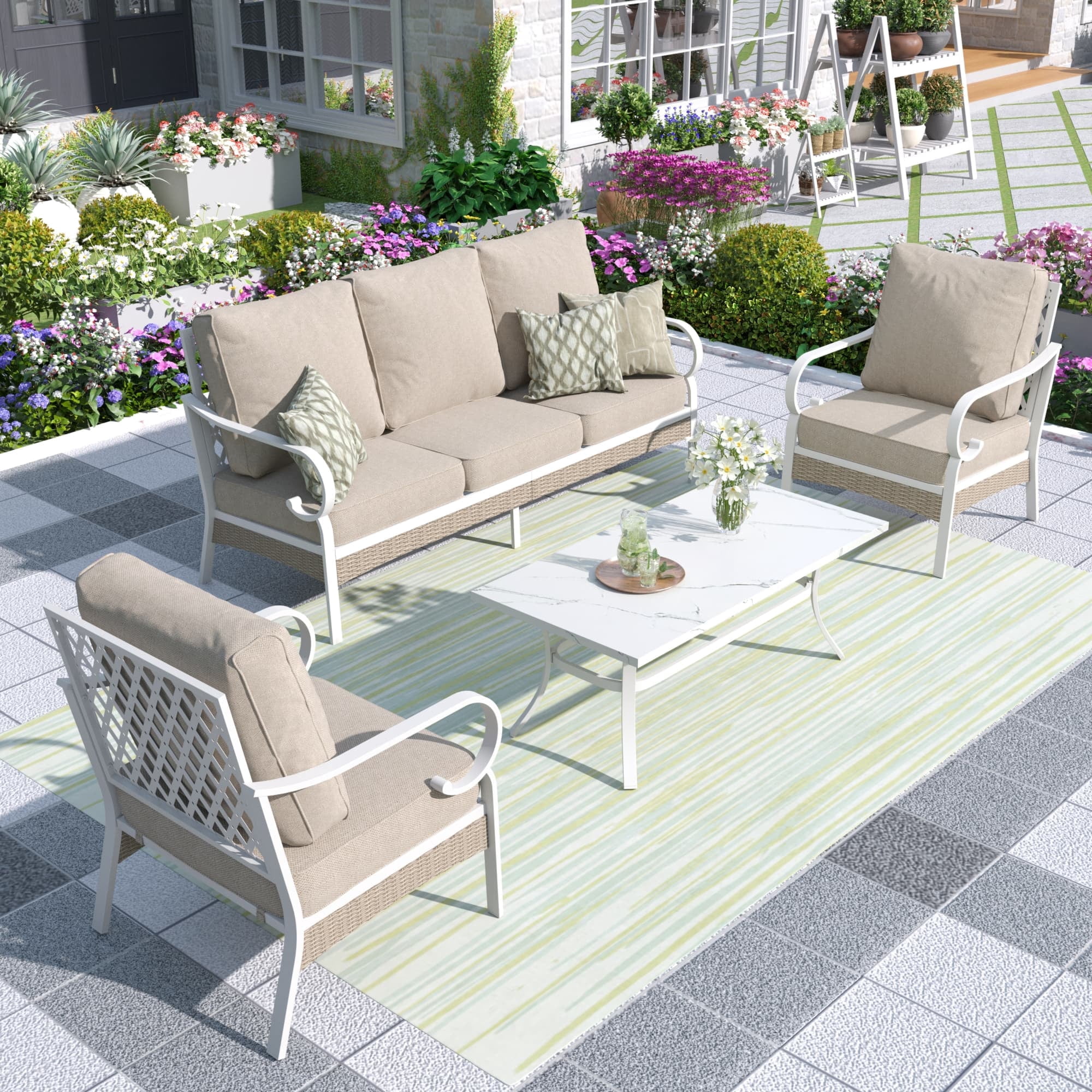 MF Studio 5-Seater Patio Conversation Set Metal Outdoor Furniture with Fixed Chair Sofa Beige