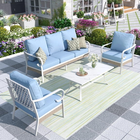 MF Studio 5-Seater Patio Conversation Set Metal Outdoor Furniture with Fixed Chair Sofa Blue