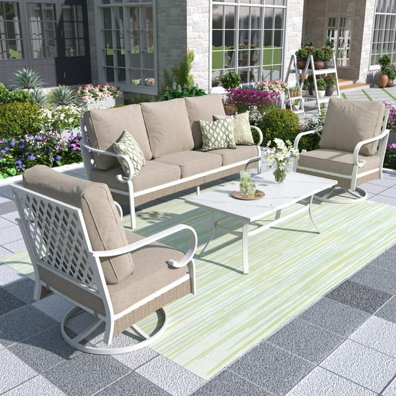 MF Studio 5-Seater Patio Conversation Set Metal Outdoor Furniture with Swivel Chair Sofa Beige