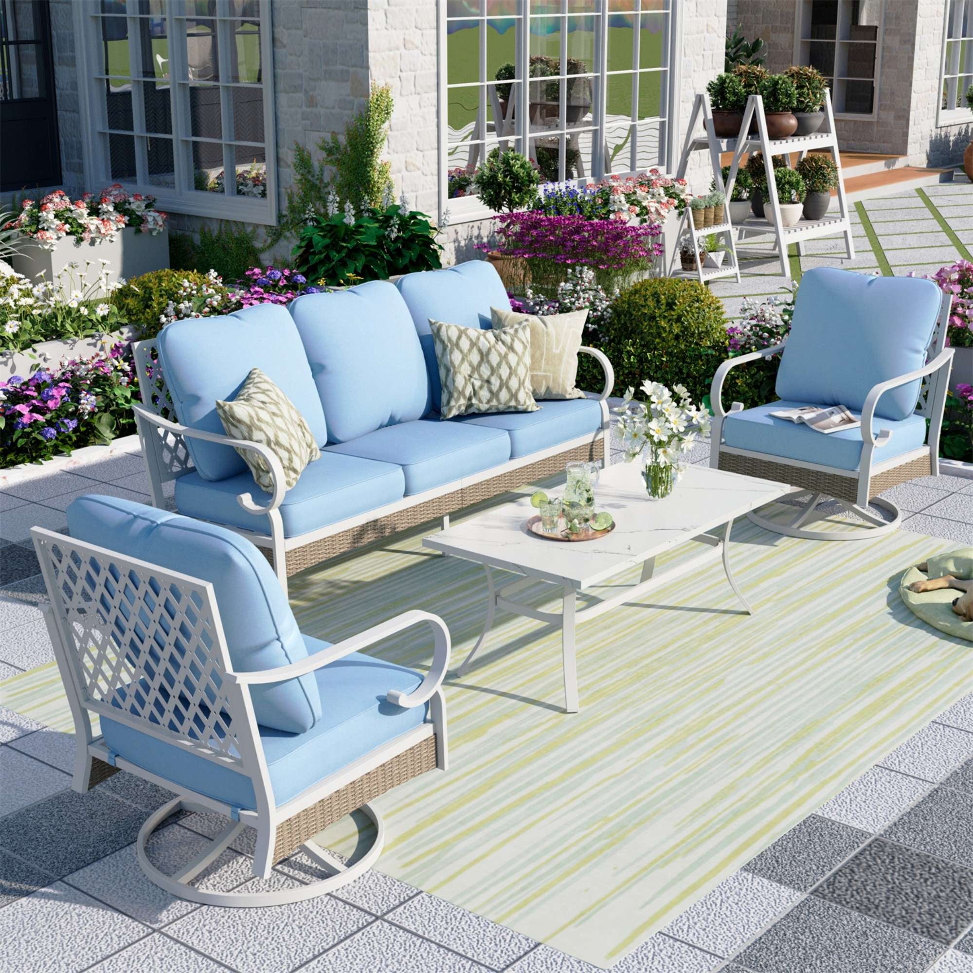 Summit Living 5-Seater Patio Lounge Set with Swivel Chair Sofa, Mesh Back, Deck Furniture, Blue