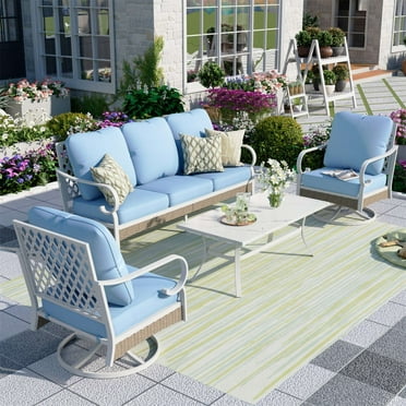 MF Studio 5-Seater Metal Patio Conversation Set Outdoor Furniture with Swivel Chair Sofa Blue
