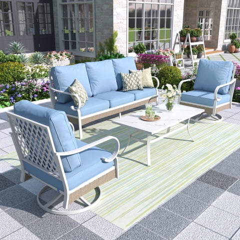 MF Studio 5-Seater Metal Patio Conversation Set Outdoor Furniture with Swivel Chair Sofa Blue