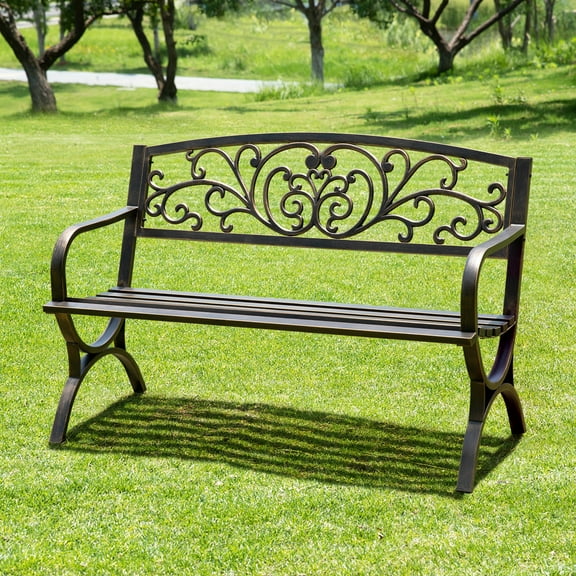 Summit Living 50 Inches Outdoor Garden Bench,Cast Iron Patio Park Bench Metal Frame,Bronze