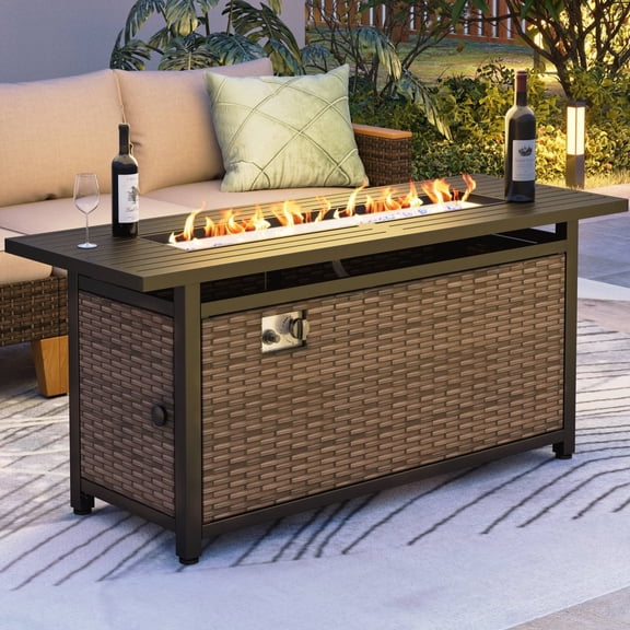 SUMMIT LIVING 56" Rectangular Gas Fire Pit Table, 50,000 BTU Wicker Propane Fire Pit with Lid & Blue Fire Glass, Black & Brown