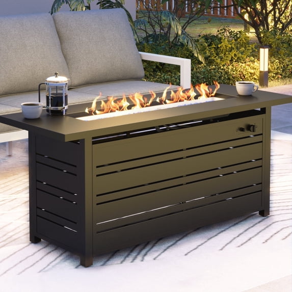 SUMMIT LIVING 56" Rectangular Propane Fire Pit Table, 50,000 BTU Gas Fire Pit with Lid and Blue Fire Glass, Black