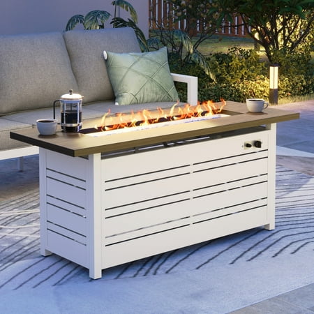 SUMMIT LIVING 56" Rectangular Propane Fire Pit Table, 50,000 BTU Gas Fire Pit with Lid and Blue Fire Glass, White