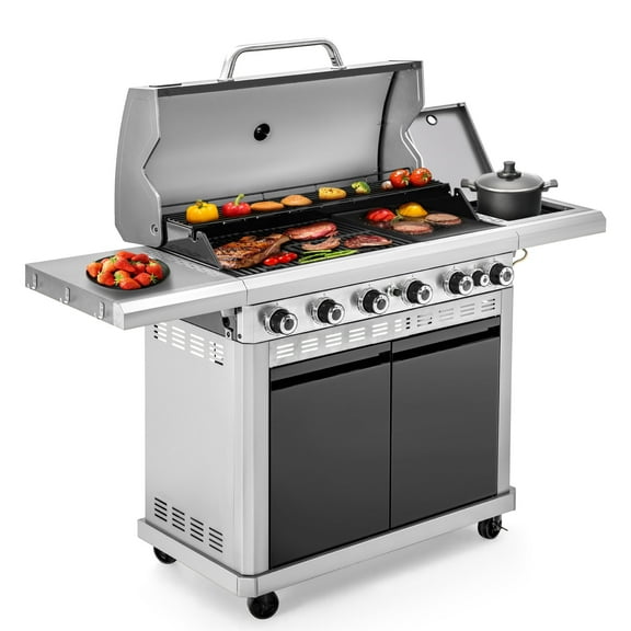 MF Studio 6 Burner Propane Gas Grill and Griddle Combo with Side Burner 740 sq. in. Large Cooking Area 52,000 BUT Output BBQ Grill