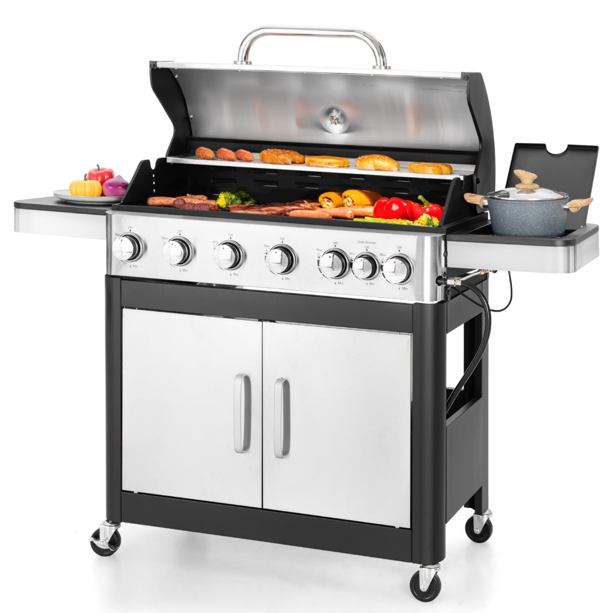 PHI VILLA 6-Burner Propane Gas Grill with Side Burner - Stainless Steel, Porcelain Grates, 665 sq. in., 65,800 BTU, for Outdoor BBQ Cookouts
