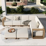 MF Studio 6-Piece Outdoor Conversation Set for 8, Wicker Patio Furniture Set, L Shaped Sectional Sofa with 2 Ottomans, Beige
