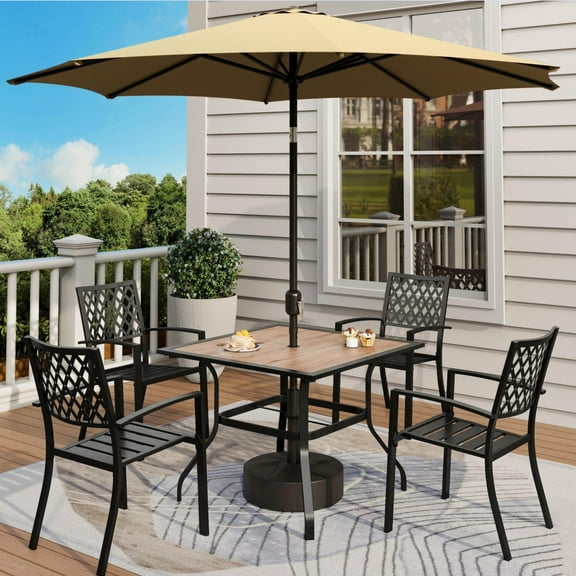 MF Studio 6-Piece Outdoor Dining Set with 9 ft Umbrella, Stacking Chairs & Wood-like Table for 4-Person, Black & Beige