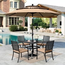 Summit Living 6-Piece Outdoor Patio Dining Set with 10 ft Umbrella, Metal Steel Square Table & 4 Stackable ArmChairs with Cushions, Black & Beige